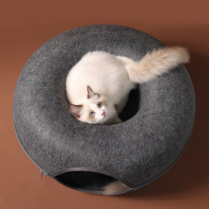 Cat Donut Tunnel, Peekaboo Cat Cave, Cat Tunnel for Large Cats up to 15Lbs | Detachable round Felt &amp; Washable Interior Cat Hideout, Great for Indoor Cats