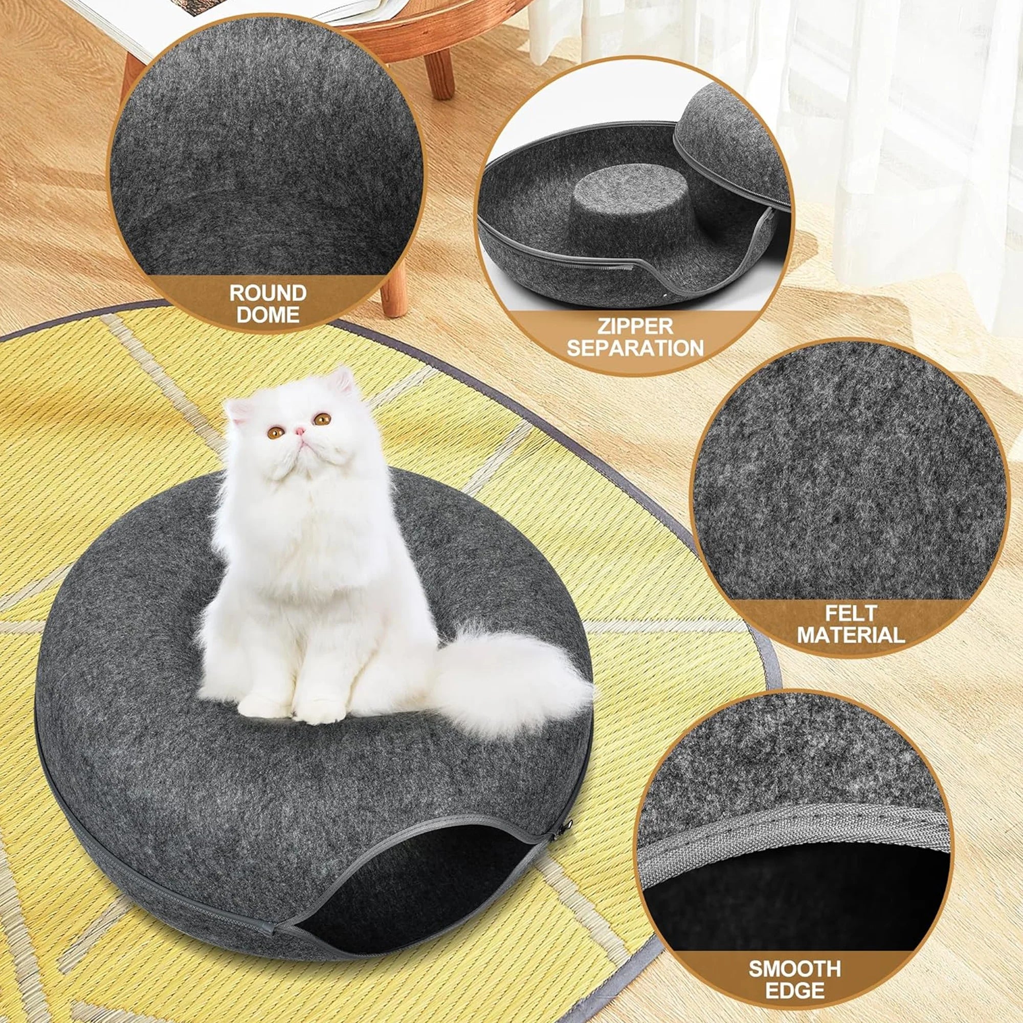 Cat Donut Tunnel, Peekaboo Cat Cave, Cat Tunnel for Large Cats up to 15Lbs | Detachable round Felt &amp; Washable Interior Cat Hideout, Great for Indoor Cats