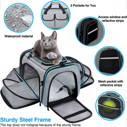 Airline Compliant Pet Carrier, TSA Approved, 4 Sides Expandable Carrier with Removable Fleece Pad and Pockets for Cats and Dogs up to 20 Lbs