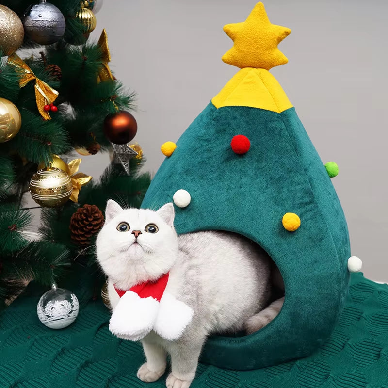 Pet Cat Bed Christmas Comfortable Pet Bed Christmas Tree Winter Warm Pets Nest Cat House Mat Dog Bed for Cats Litter Kennel Home