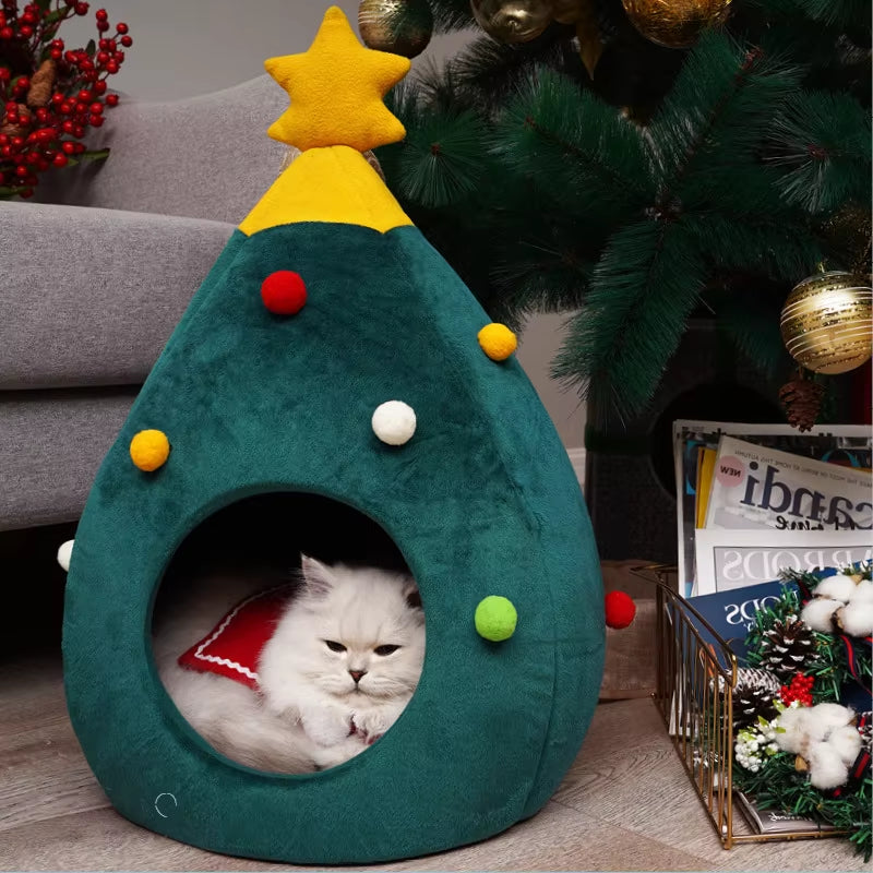 Pet Cat Bed Christmas Comfortable Pet Bed Christmas Tree Winter Warm Pets Nest Cat House Mat Dog Bed for Cats Litter Kennel Home