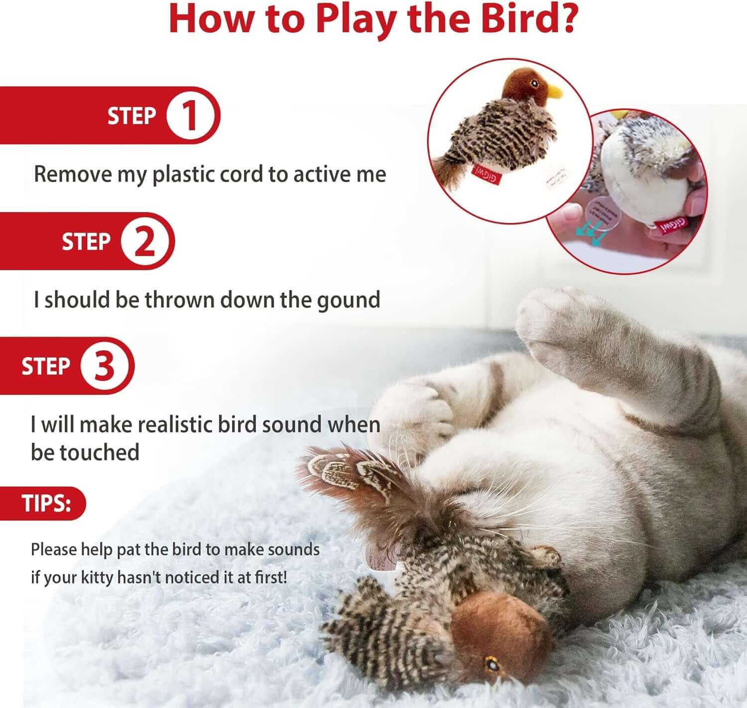 Interactive Electronic Cat Toy (Not Flapping), Automatic Chirping Bird Cat Toy Squeaky with Feather Tail, Melody Chaser Toy Bird for Cats to Play Alone, Play and Squeak Kitten Toy for Boredom