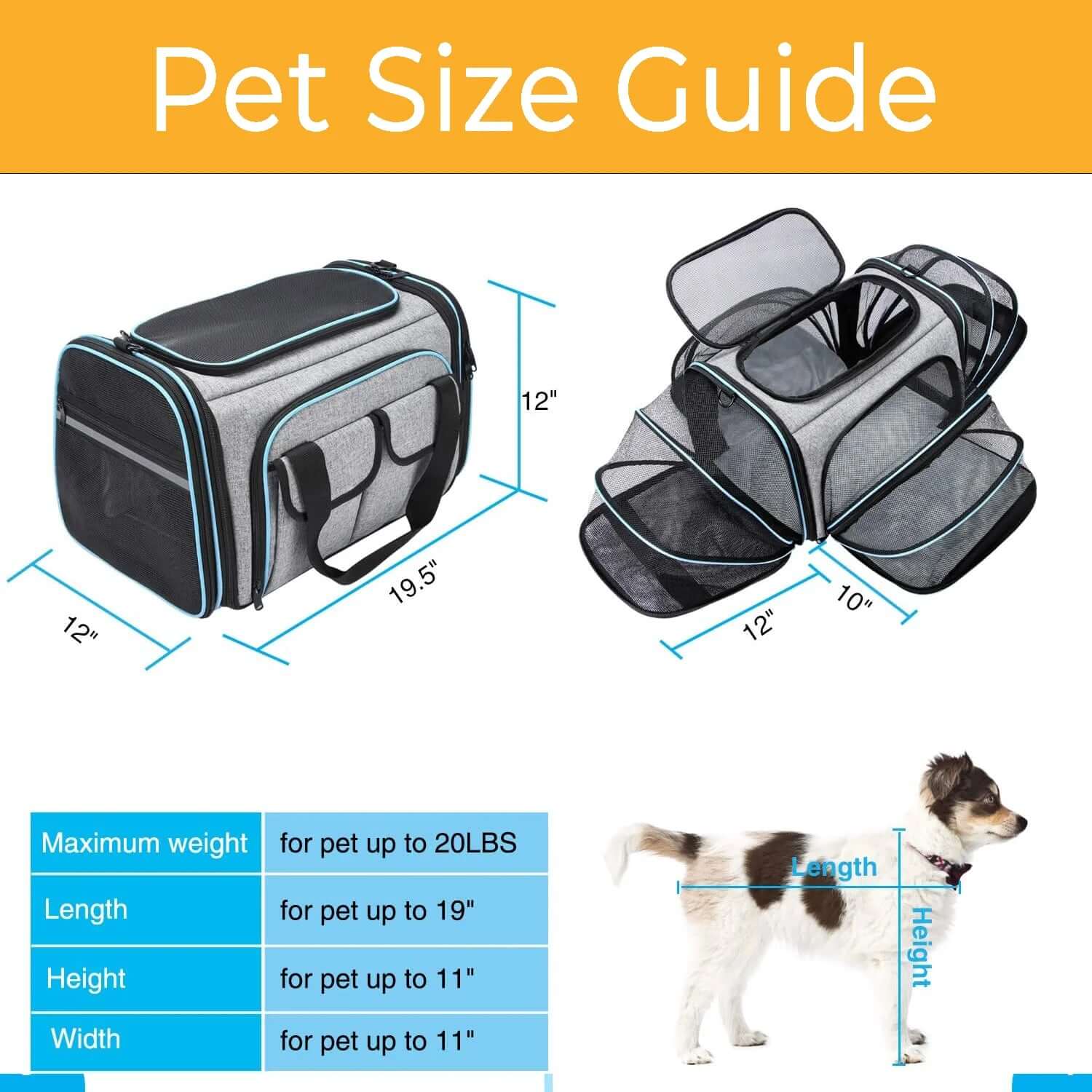 Airline Compliant Pet Carrier, TSA Approved, 4 Sides Expandable Carrier with Removable Fleece Pad and Pockets for Cats and Dogs up to 20 Lbs