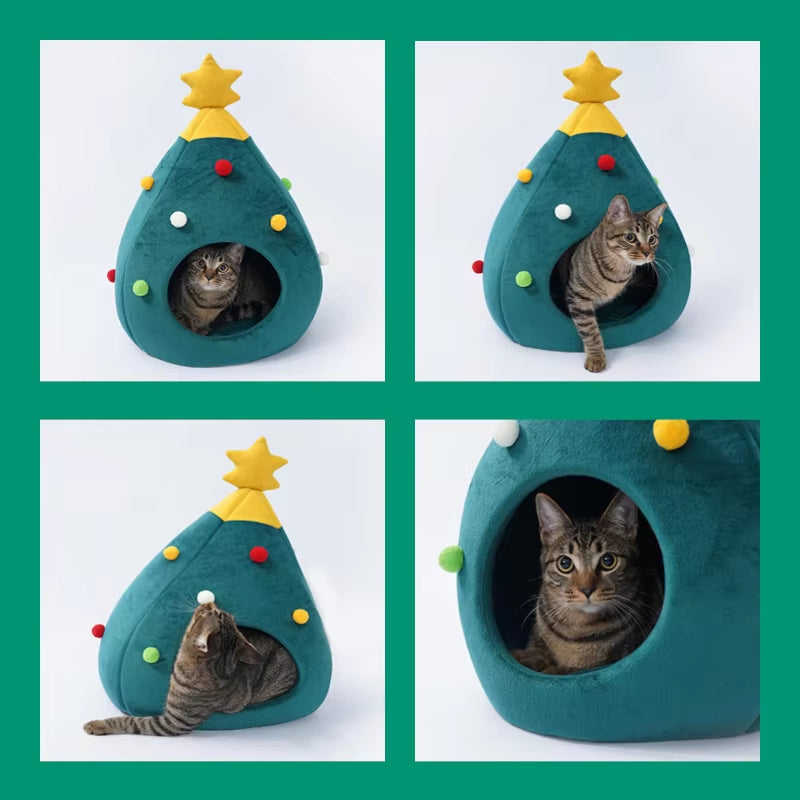 Pet Cat Bed Christmas Comfortable Pet Bed Christmas Tree Winter Warm Pets Nest Cat House Mat Dog Bed for Cats Litter Kennel Home