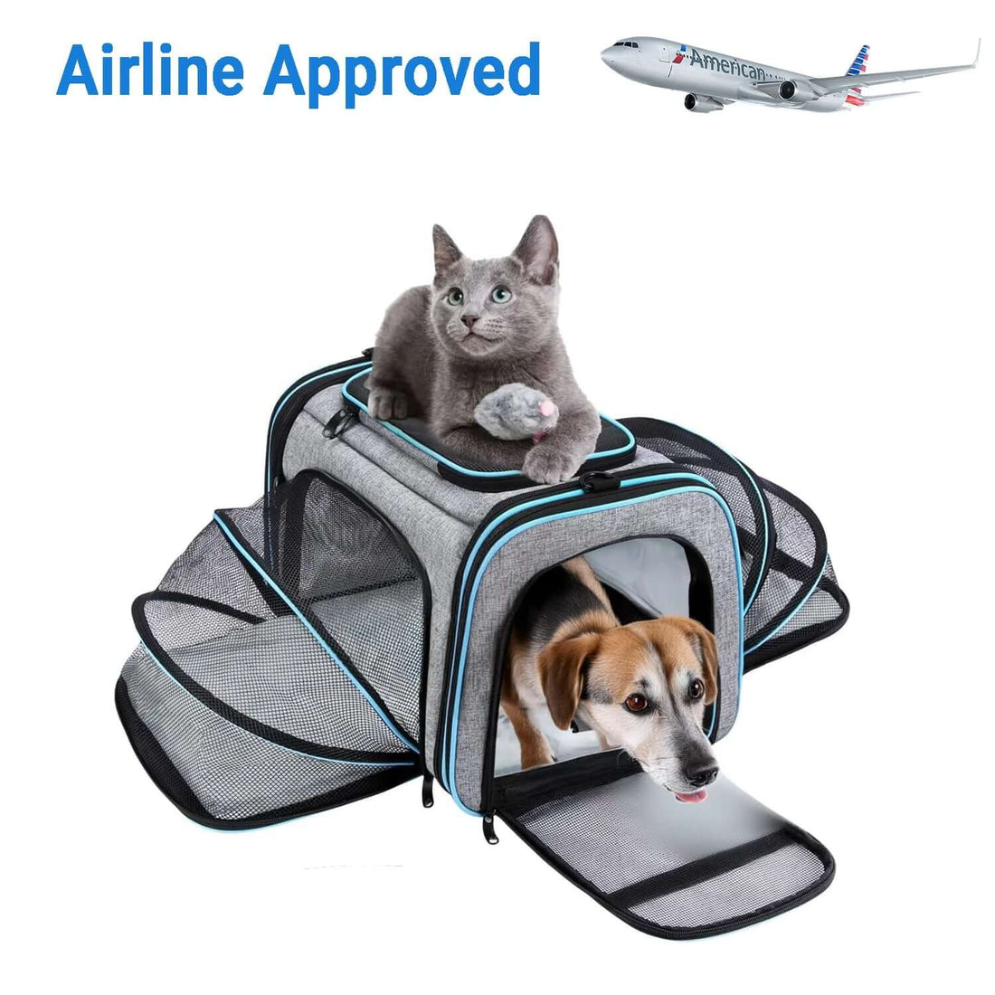 Airline Compliant Pet Carrier, TSA Approved, 4 Sides Expandable Carrier with Removable Fleece Pad and Pockets for Cats and Dogs up to 20 Lbs