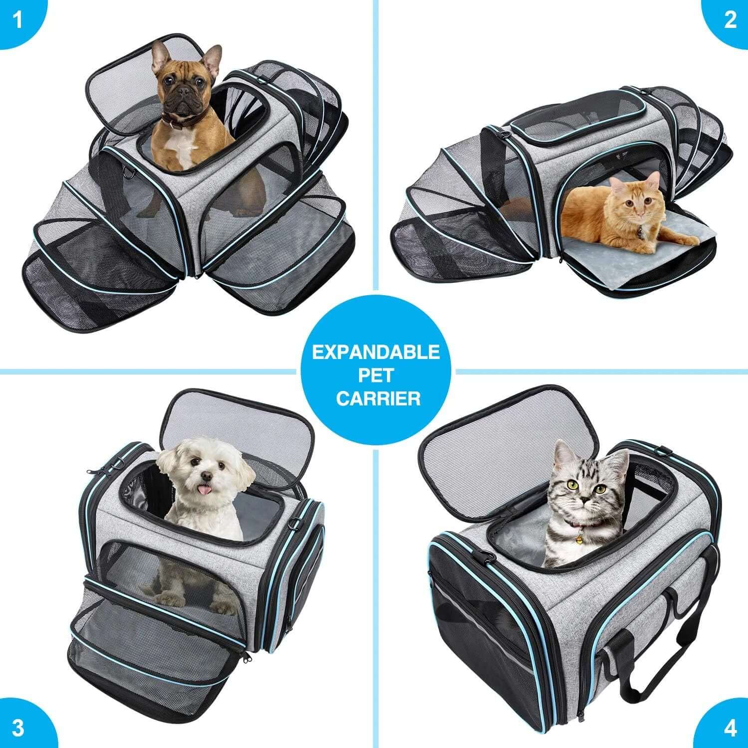 Airline Compliant Pet Carrier, TSA Approved, 4 Sides Expandable Carrier with Removable Fleece Pad and Pockets for Cats and Dogs up to 20 Lbs