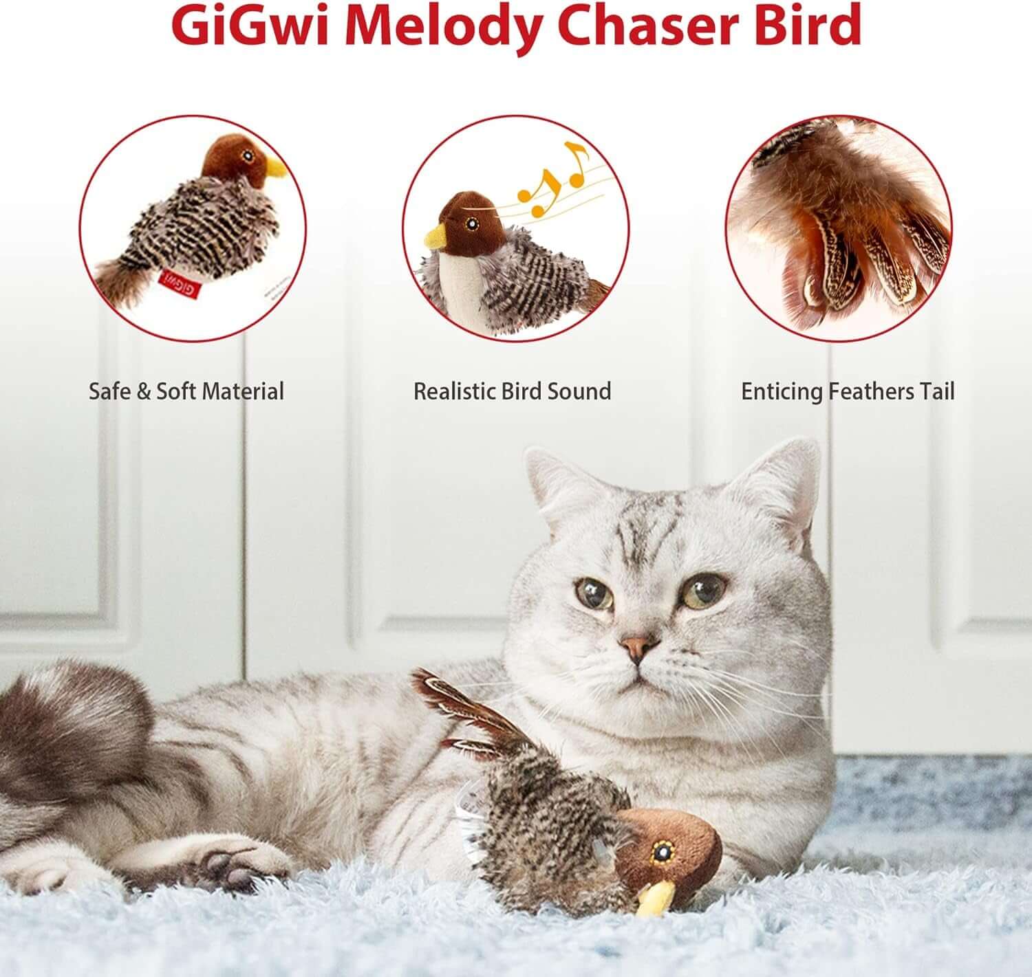 Interactive Electronic Cat Toy (Not Flapping), Automatic Chirping Bird Cat Toy Squeaky with Feather Tail, Melody Chaser Toy Bird for Cats to Play Alone, Play and Squeak Kitten Toy for Boredom