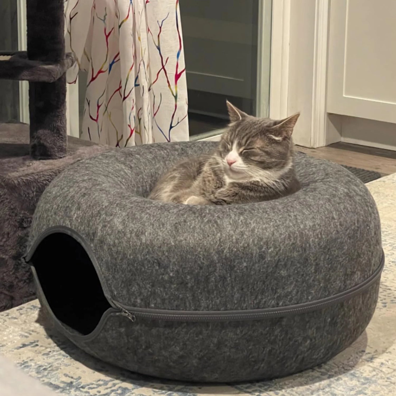 Cat Donut Tunnel, Peekaboo Cat Cave, Cat Tunnel for Large Cats up to 15Lbs | Detachable round Felt &amp; Washable Interior Cat Hideout, Great for Indoor Cats